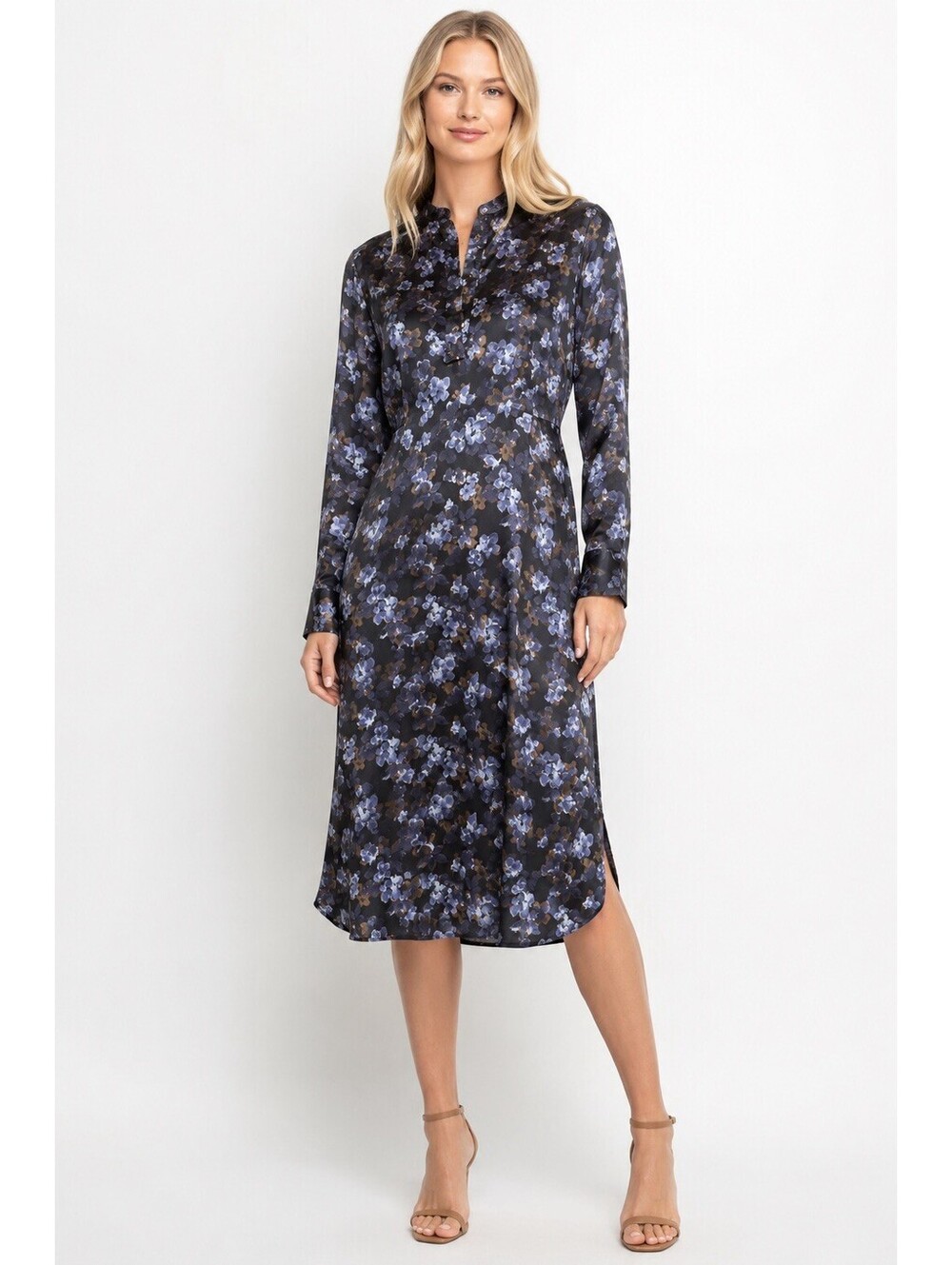 $445 VINCE Plumeria Blooms Long Sleeve Hammered Satin Dress L Coastal Blue Midi